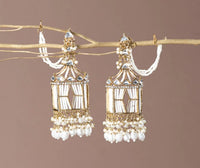 CZ Stone Jhumka Earrings with Pearl Beads & Ear Chain – Traditional Bridal Jewellery