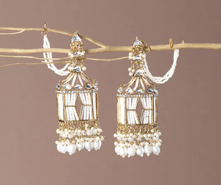 CZ Stone Jhumka Earrings with Pearl Beads & Ear Chain – Traditional Bridal Jewellery