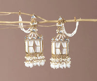CZ Stone Jhumka Earrings with Pearl Beads & Ear Chain – Traditional Bridal Jewellery