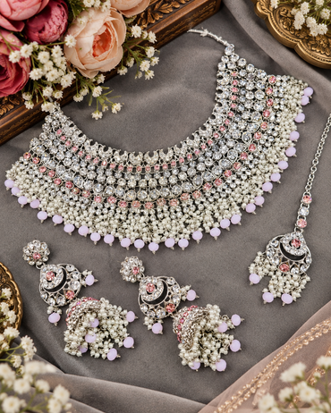 Bridal Silver-Tone Rhinestone & Pearl Choker Set with Earrings & Maang Tikka