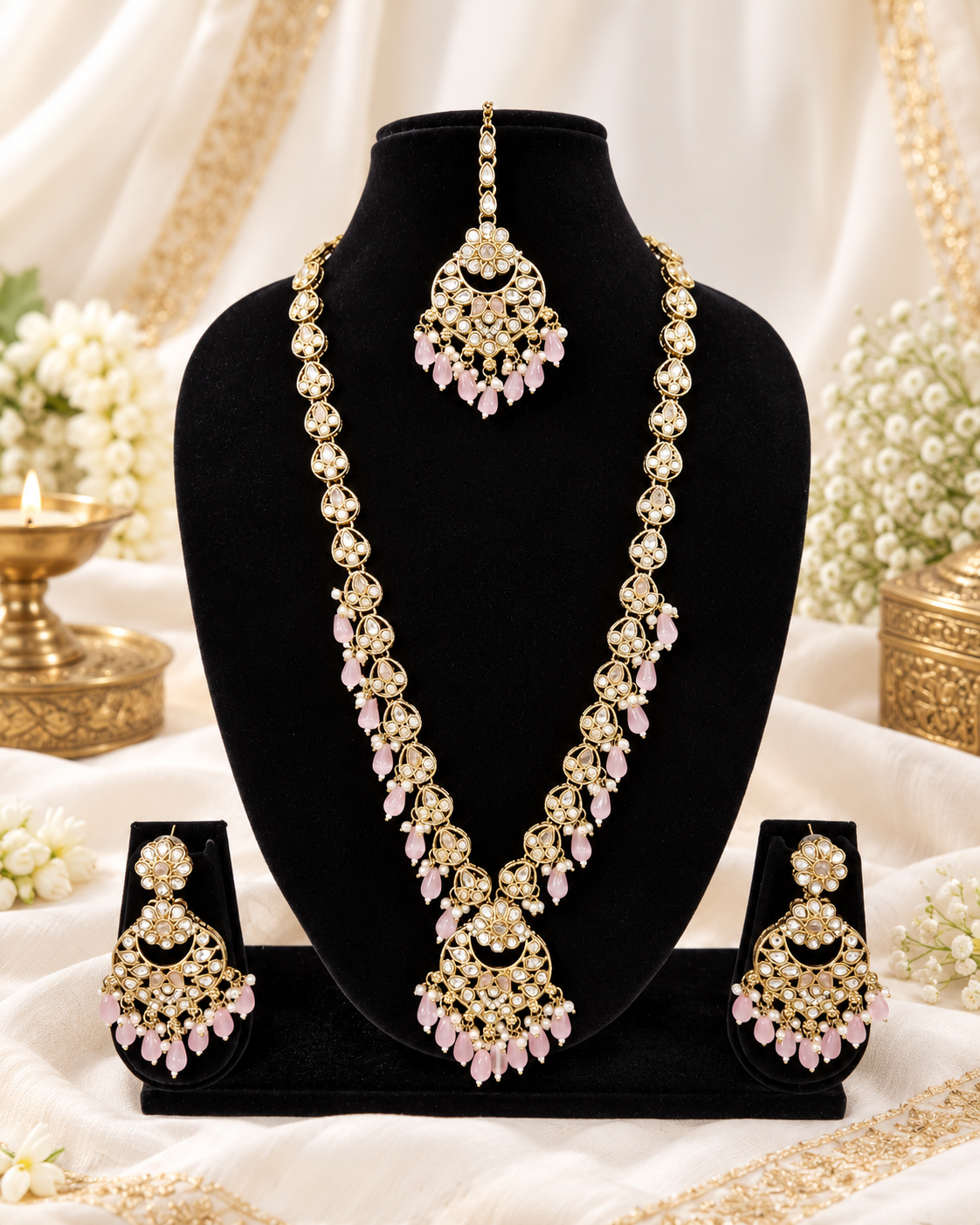 Blush Petal Long Bridal Necklace Set