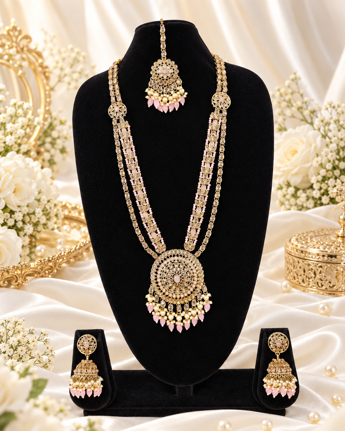 Traditional Pastel Sea Green Long Necklace Set with Jhumkas