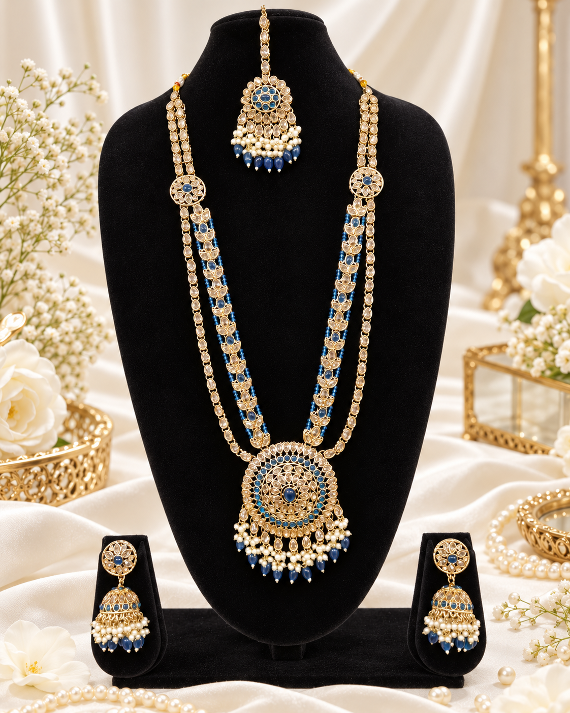 Traditional Pastel Sea Green Long Necklace Set with Jhumkas