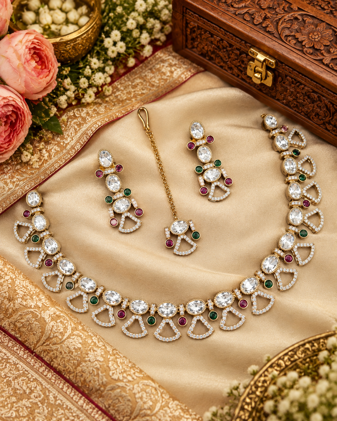Modern Indian Choker Jewelry Set with Earrings & Tikka