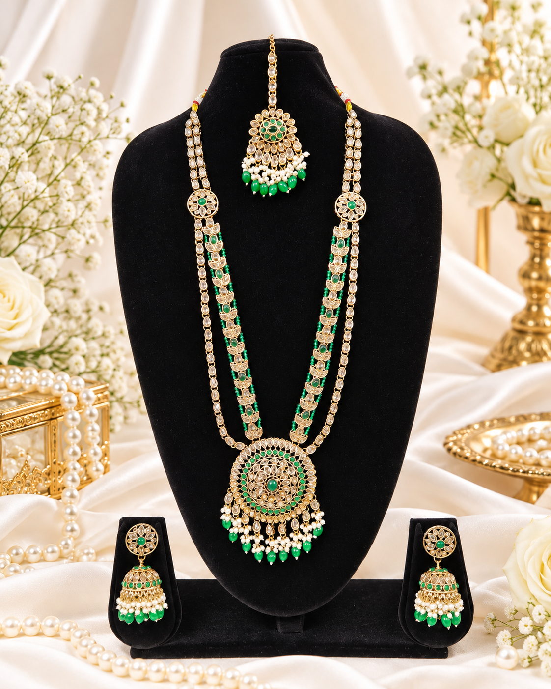 Traditional Pastel Sea Green Long Necklace Set with Jhumkas