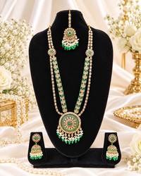 Traditional Pastel Sea Green Long Necklace Set with Jhumkas