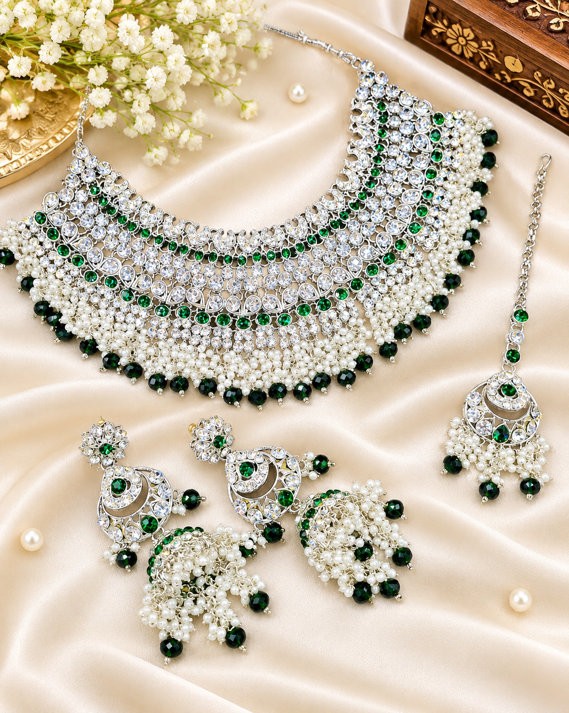 Bridal Silver-Tone Rhinestone & Pearl Choker Set with Earrings & Maang Tikka