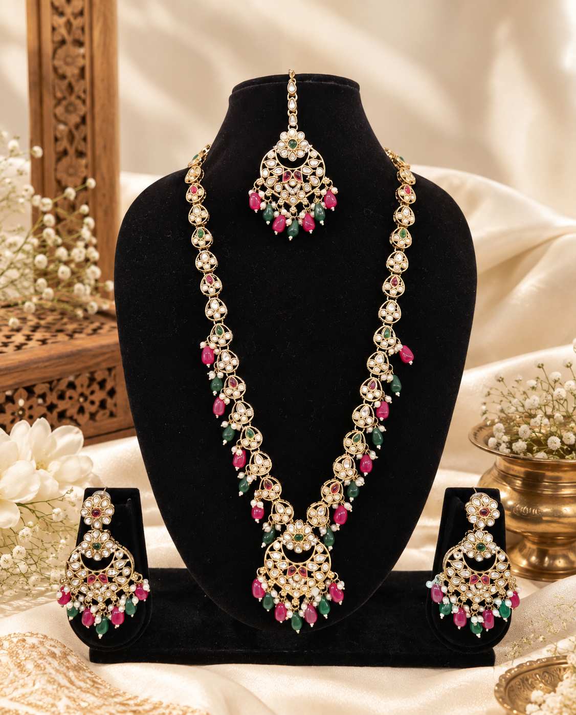 Blush Petal Long Bridal Necklace Set