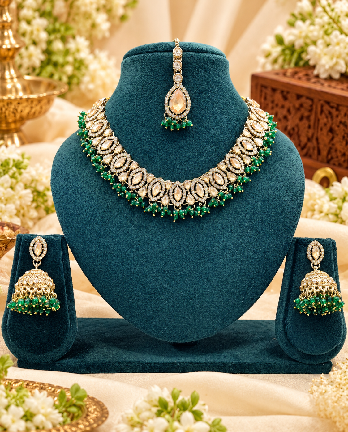 Teardrop Choker Necklace Set with Jhumkas & Maang Tikka