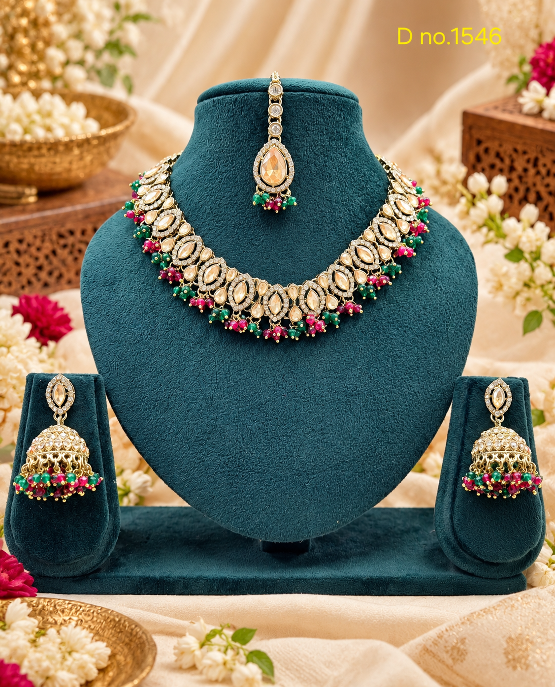 Teardrop Choker Necklace Set with Jhumkas & Maang Tikka