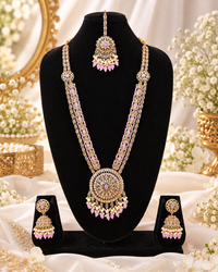 Traditional Pastel Sea Green Long Necklace Set with Jhumkas