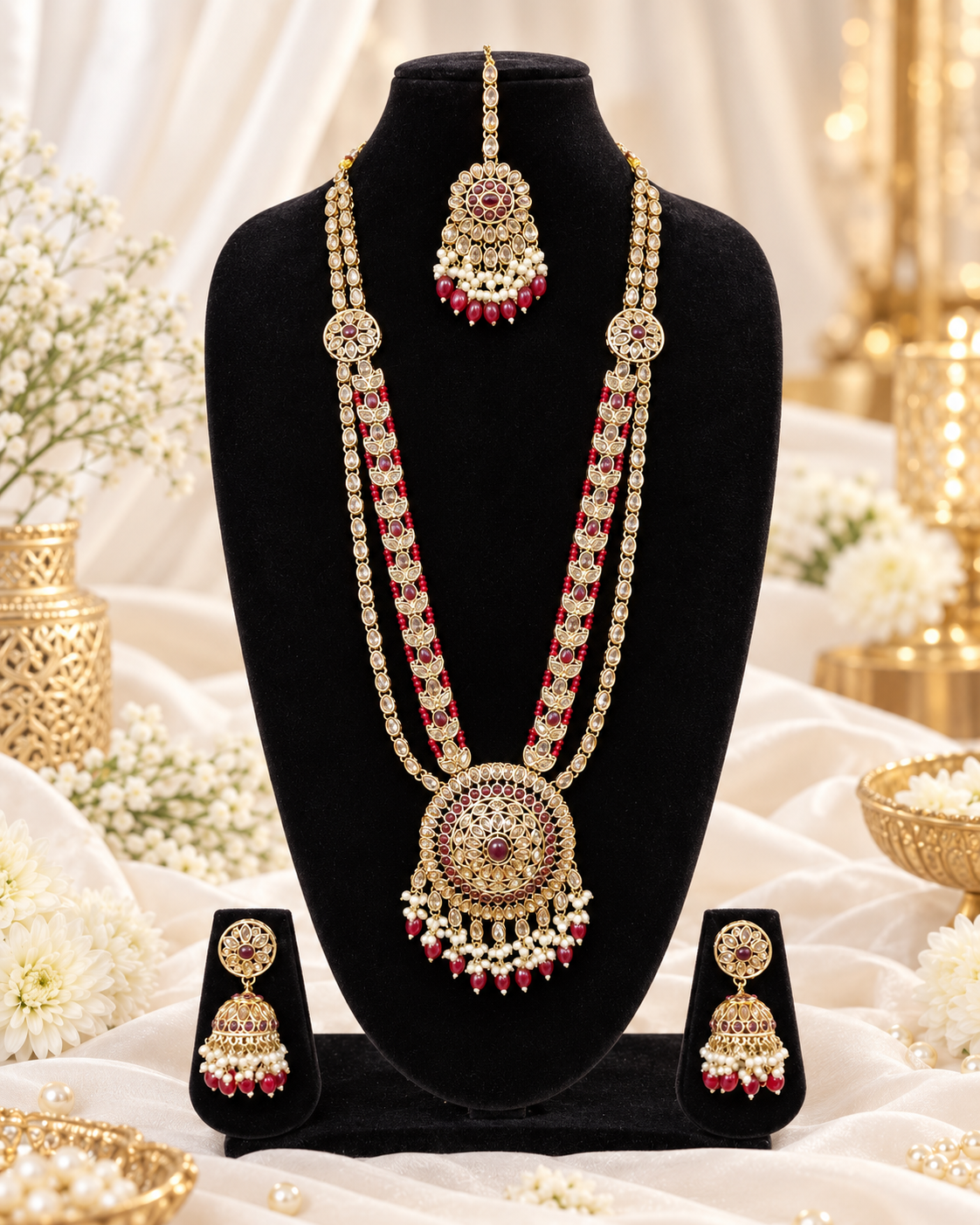 Traditional Pastel Sea Green Long Necklace Set with Jhumkas
