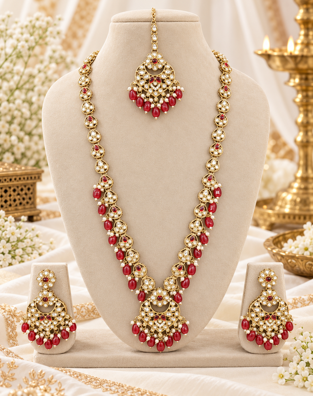 Blush Petal Long Bridal Necklace Set