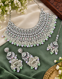 Bridal Silver-Tone Rhinestone & Pearl Choker Set with Earrings & Maang Tikka