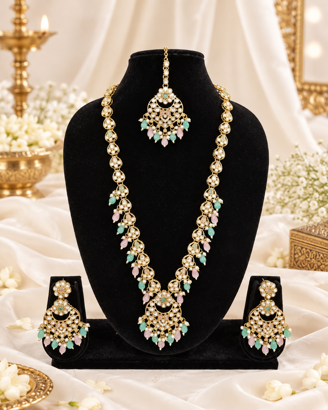 Blush Petal Long Bridal Necklace Set