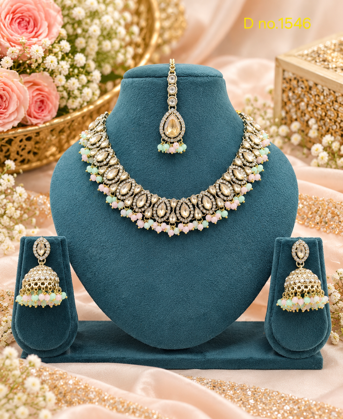 Teardrop Choker Necklace Set with Jhumkas & Maang Tikka