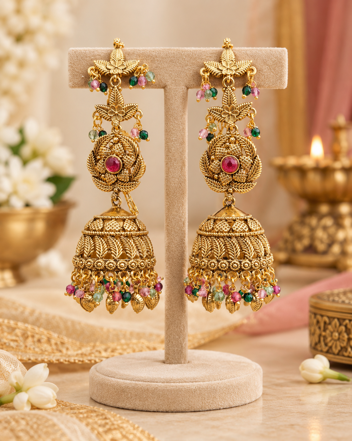 Antique Gold Floral Statement Jhumka Earrings