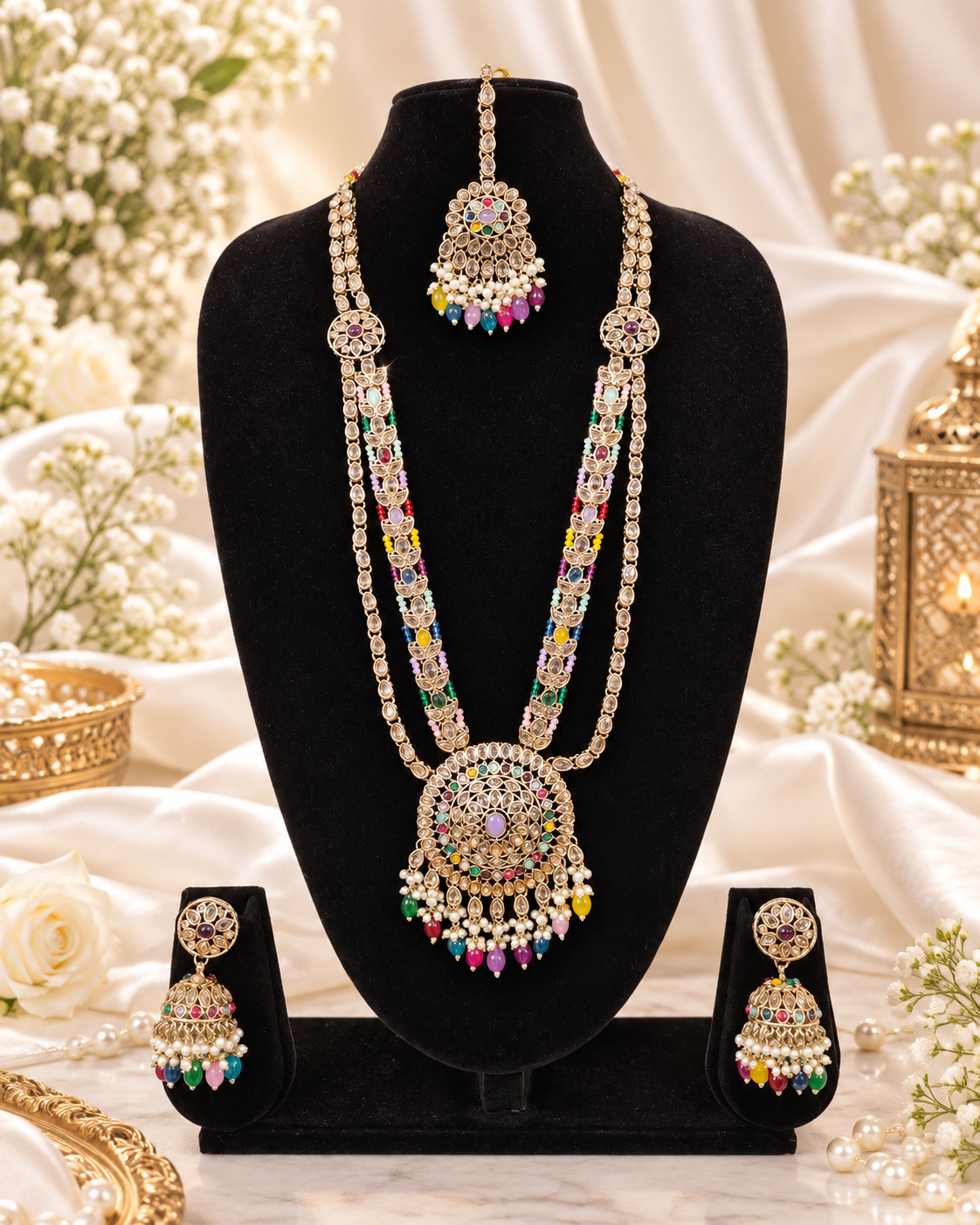 Traditional Pastel Sea Green Long Necklace Set with Jhumkas