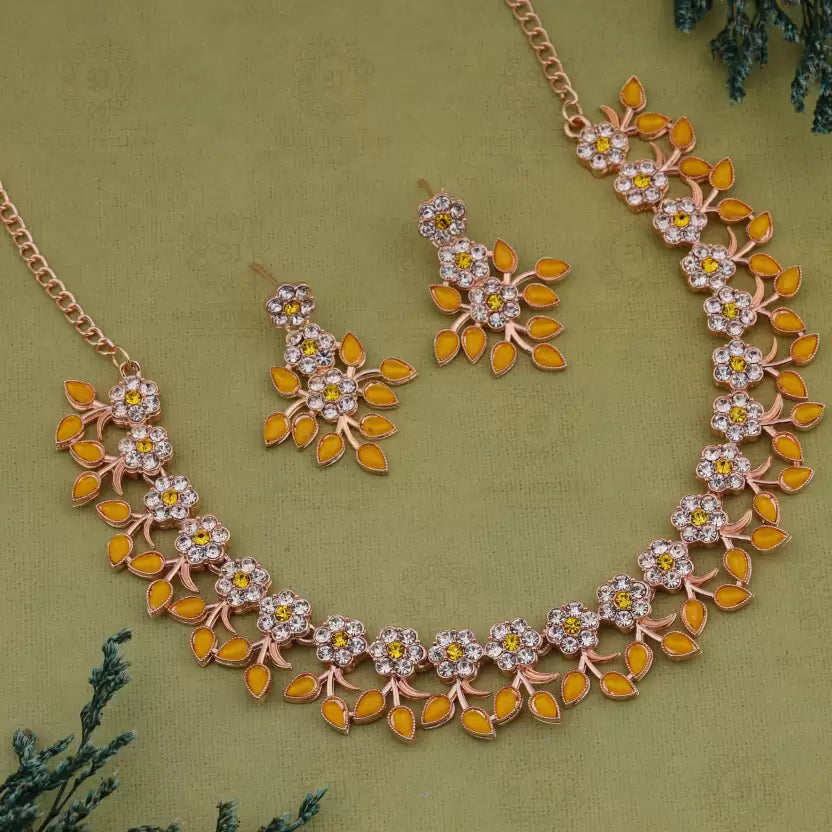 Vibrant Yellow Leaf & Flower Motif Necklace Set