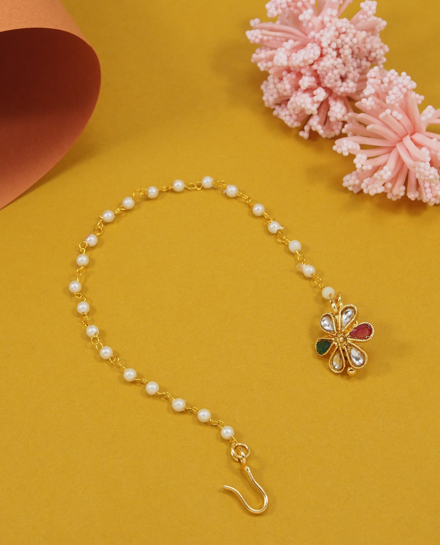 Traditional Gold-Plated Non-Pierced Nose Ring Nath With Pearl Chain For Woman