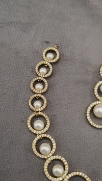 American Diamond Halo Pearl Necklace and Earrings Set