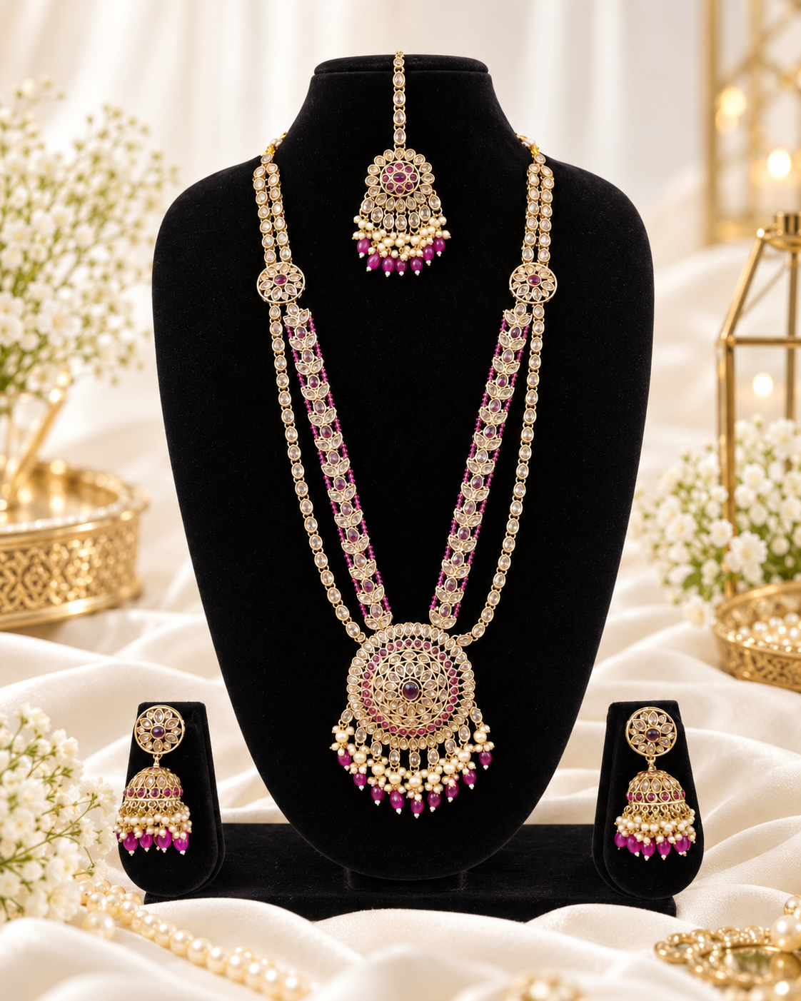 Traditional Pastel Sea Green Long Necklace Set with Jhumkas