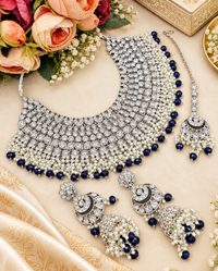 Bridal Silver-Tone Rhinestone & Pearl Choker Set with Earrings & Maang Tikka