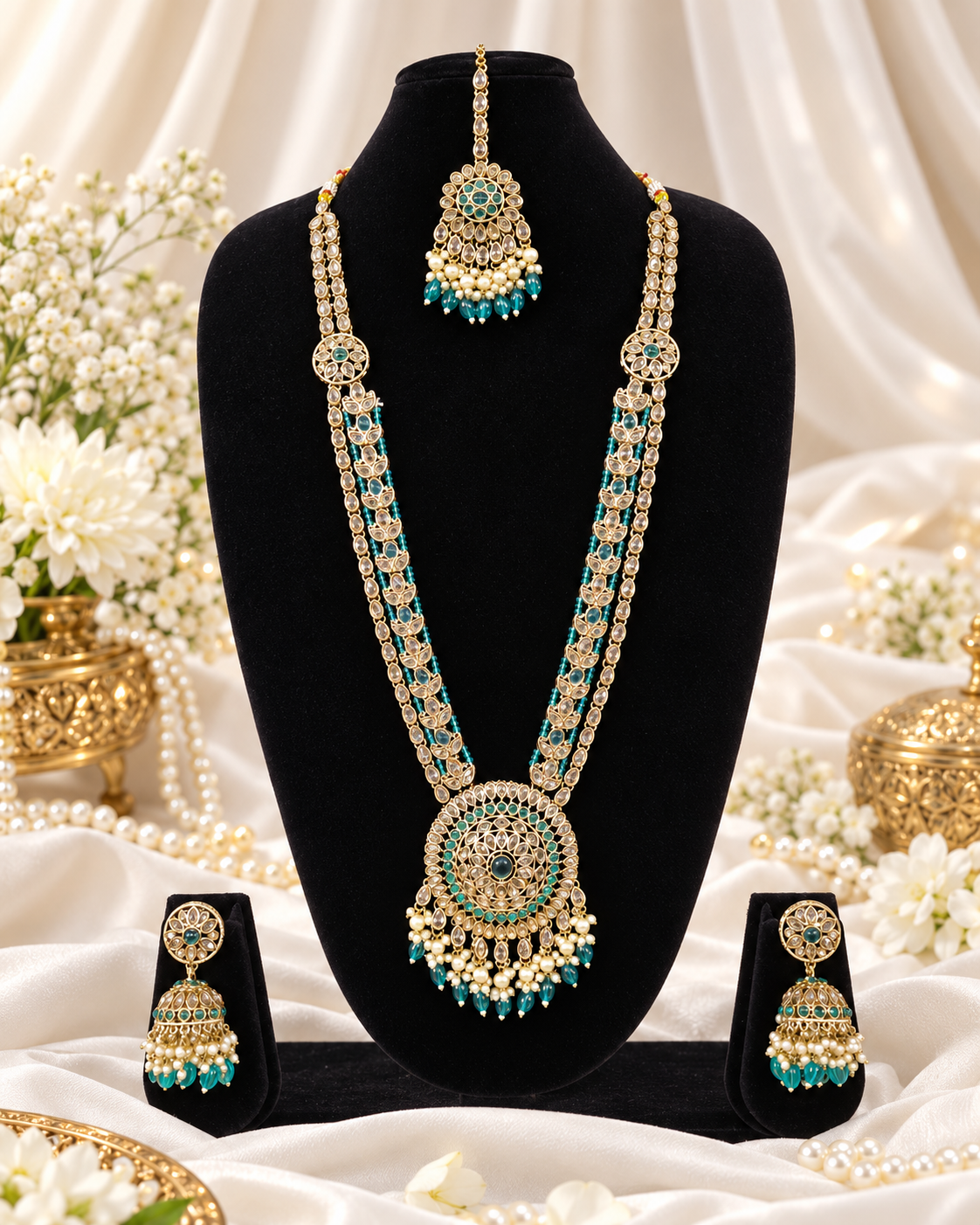 Traditional Pastel Sea Green Long Necklace Set with Jhumkas