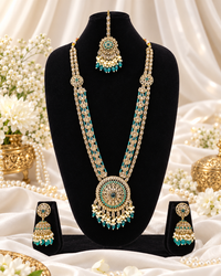 Traditional Pastel Sea Green Long Necklace Set with Jhumkas