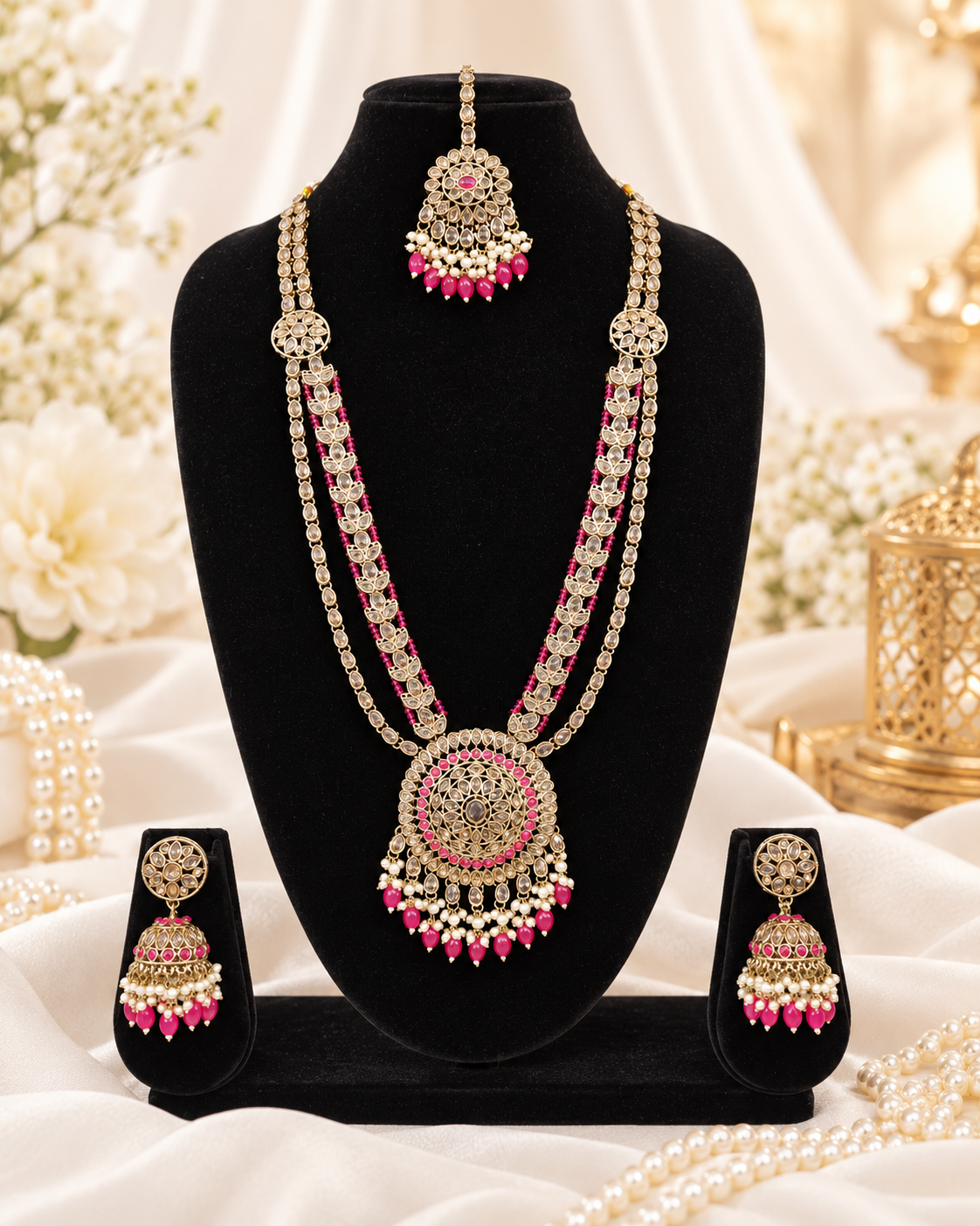 Traditional Pastel Sea Green Long Necklace Set with Jhumkas