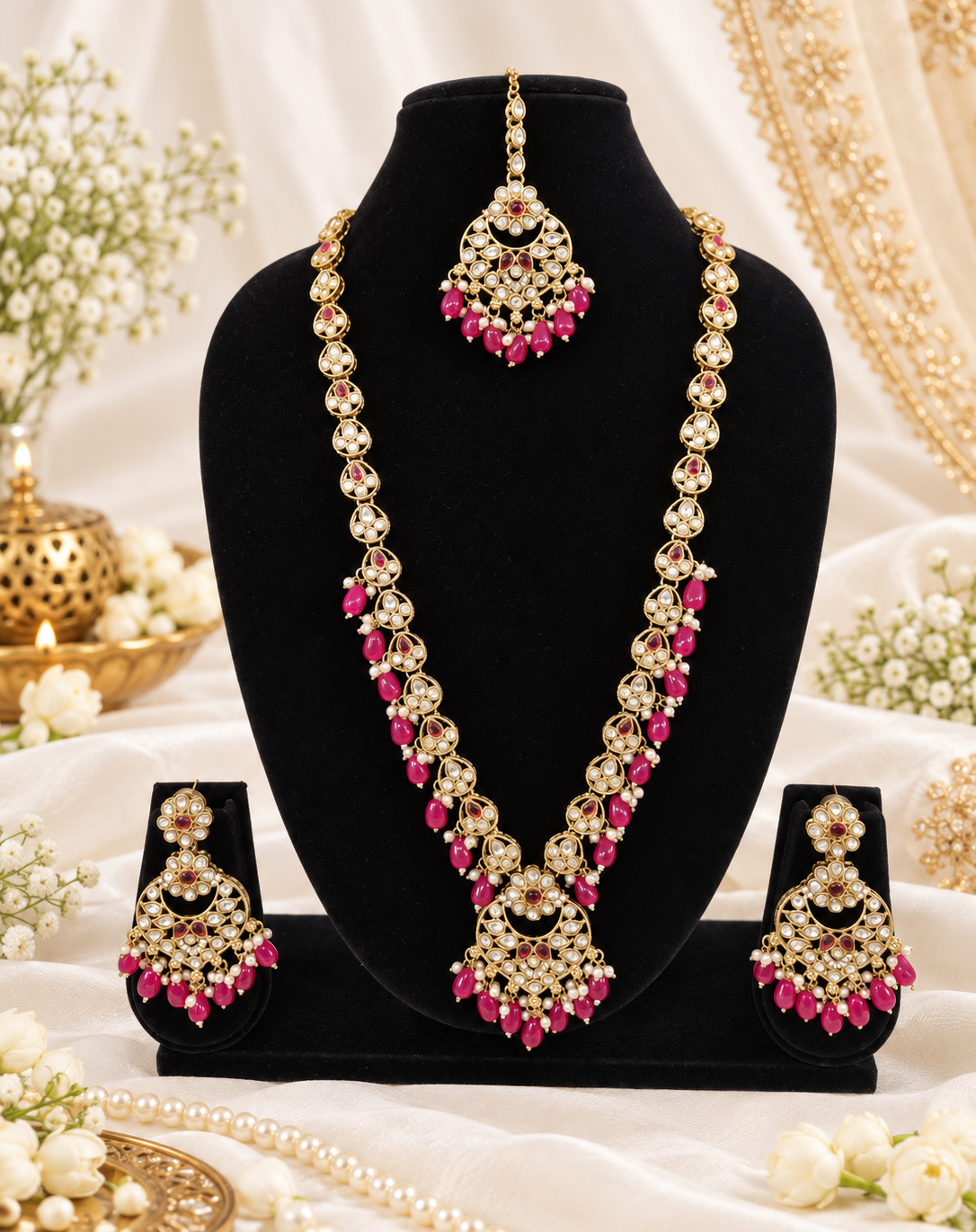 Blush Petal Long Bridal Necklace Set