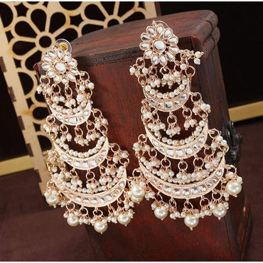 Three-Layered Kundan Chandbalis featuring Pearl Earrings