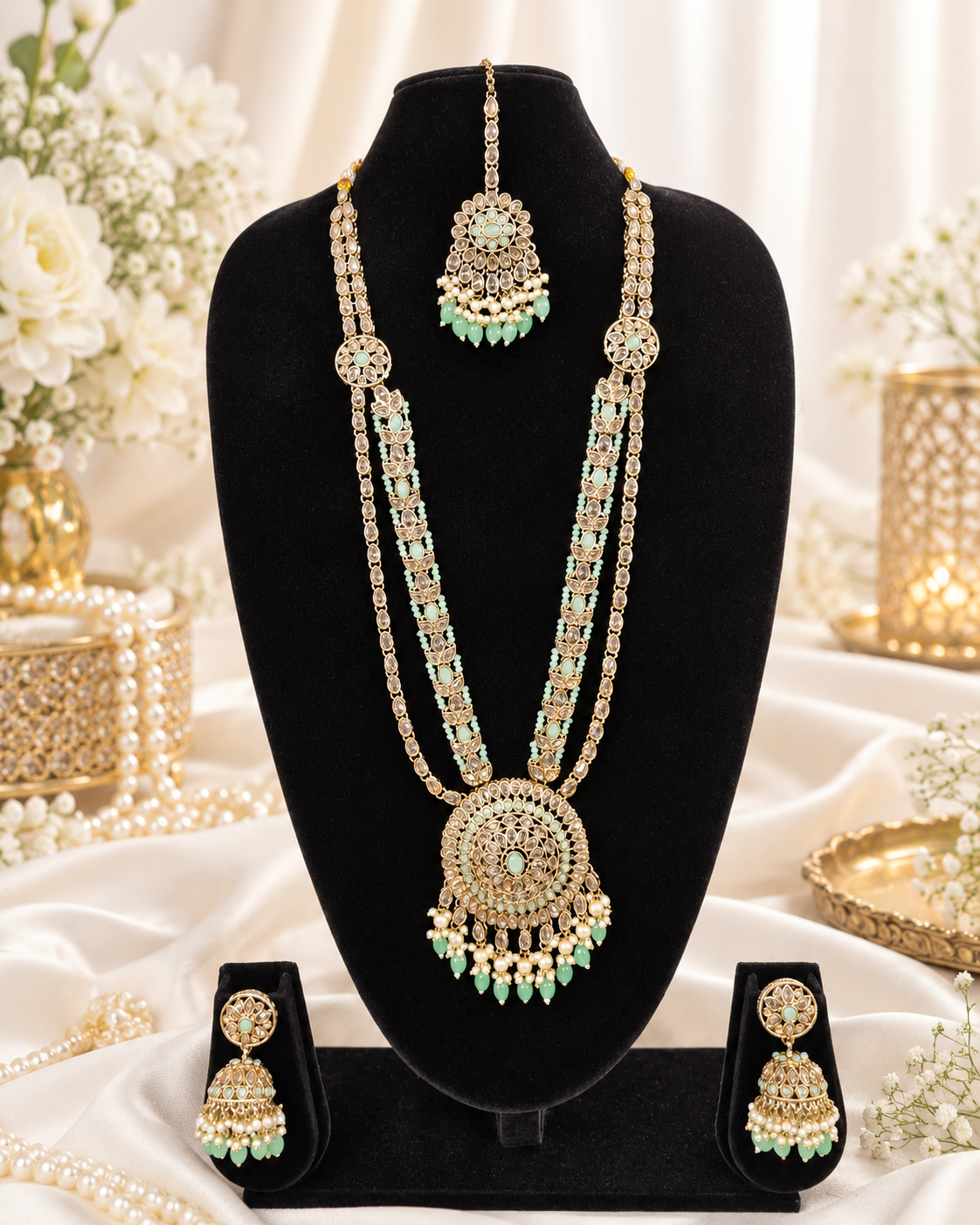 Traditional Pastel Sea Green Long Necklace Set with Jhumkas