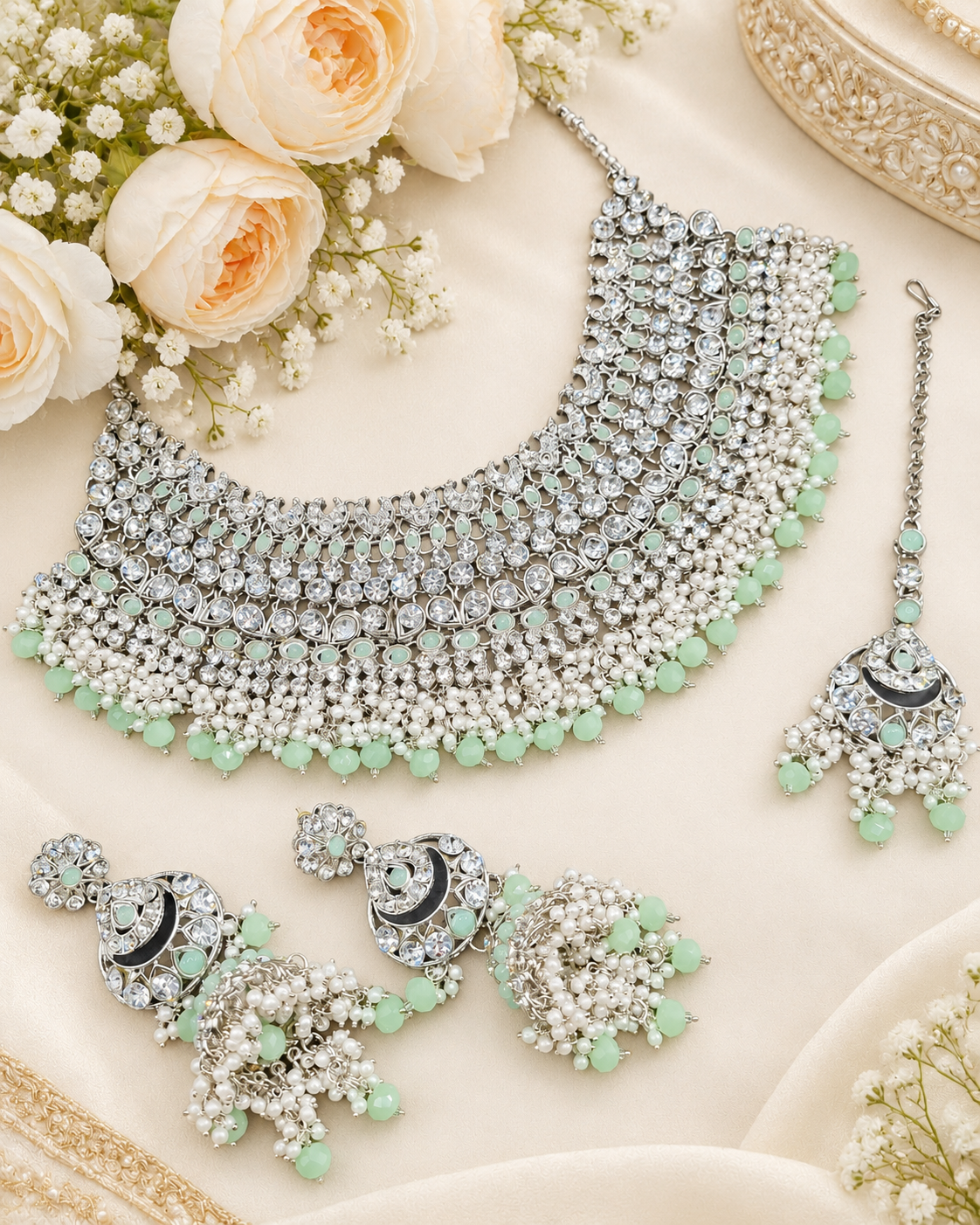 Bridal Silver-Tone Rhinestone & Pearl Choker Set with Earrings & Maang Tikka