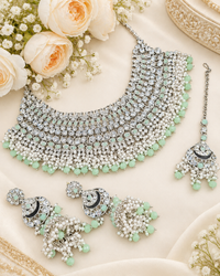 Bridal Silver-Tone Rhinestone & Pearl Choker Set with Earrings & Maang Tikka