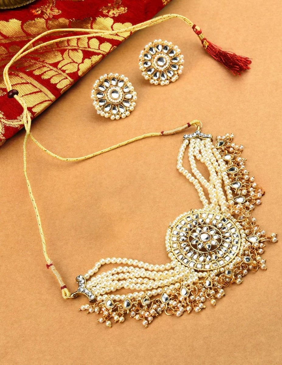 Traditional White Stone & Pearl Cluster Choker Set