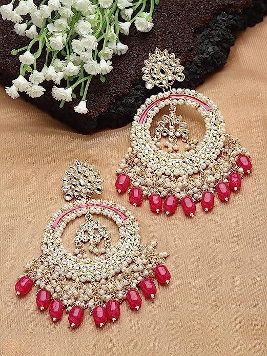 Large Traditional Indian Chandbali Earrings Beads & Pearls For Woman
