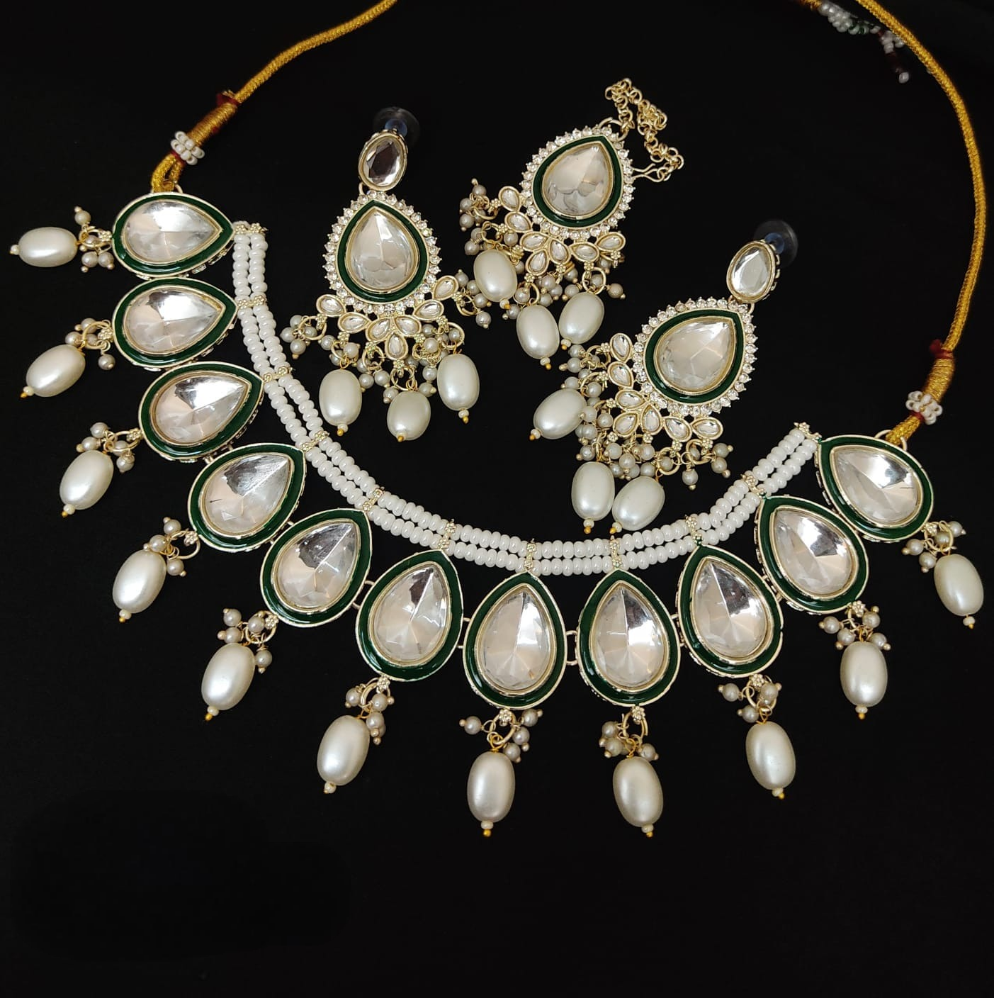 Oversized Teardrop Choker with Green Meena Work
