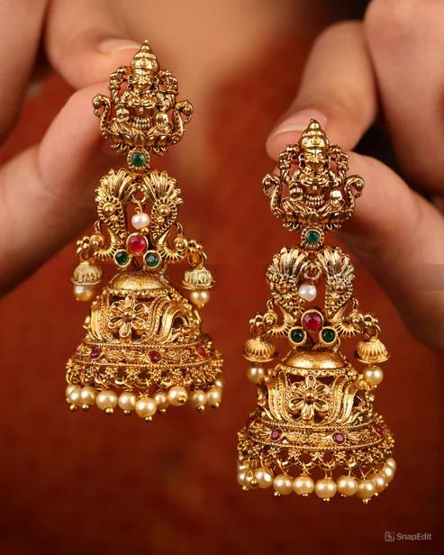 Antique Matte Gold Temple Lakshmi Jhumka with Ruby, Emerald & Pearl Drops
