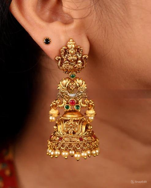 Antique Matte Gold Temple Lakshmi Jhumka with Ruby, Emerald & Pearl Drops