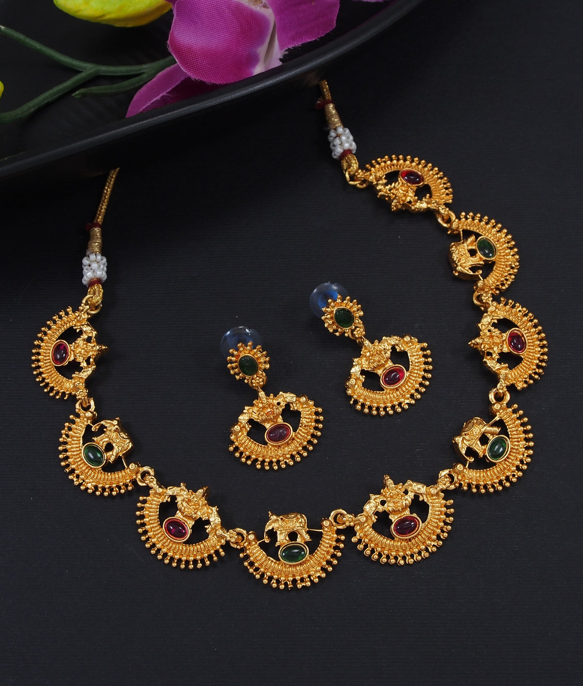 Traditional Gajalakshmi Elephant Temple Jewellery Set with Ruby & Emerald Stones
