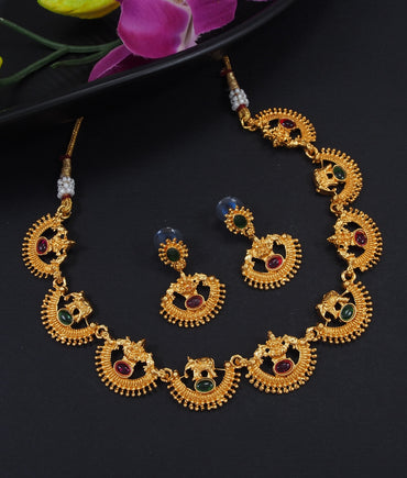 Traditional Gajalakshmi Elephant Temple Jewellery Set with Ruby & Emerald Stones
