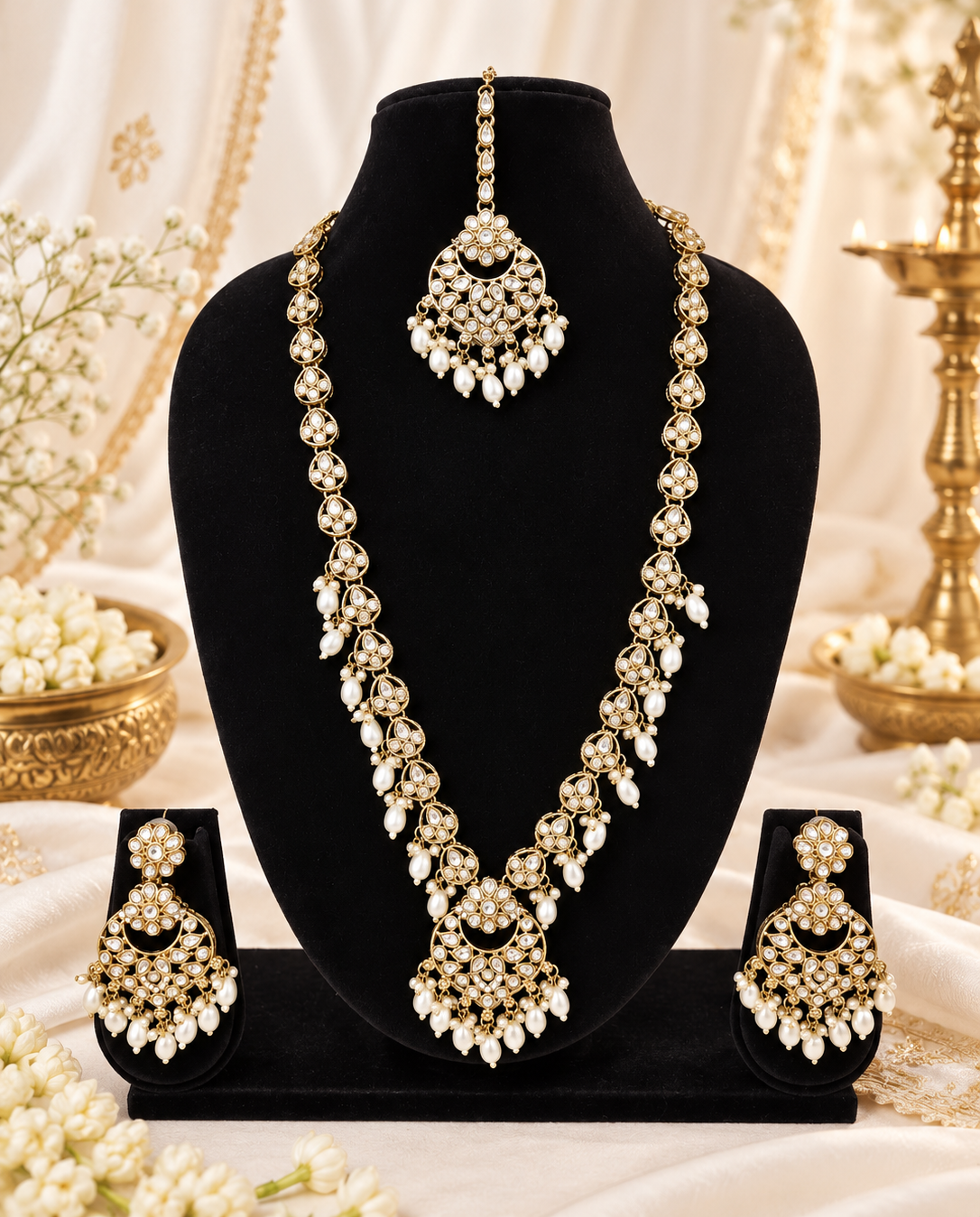 Blush Petal Long Bridal Necklace Set