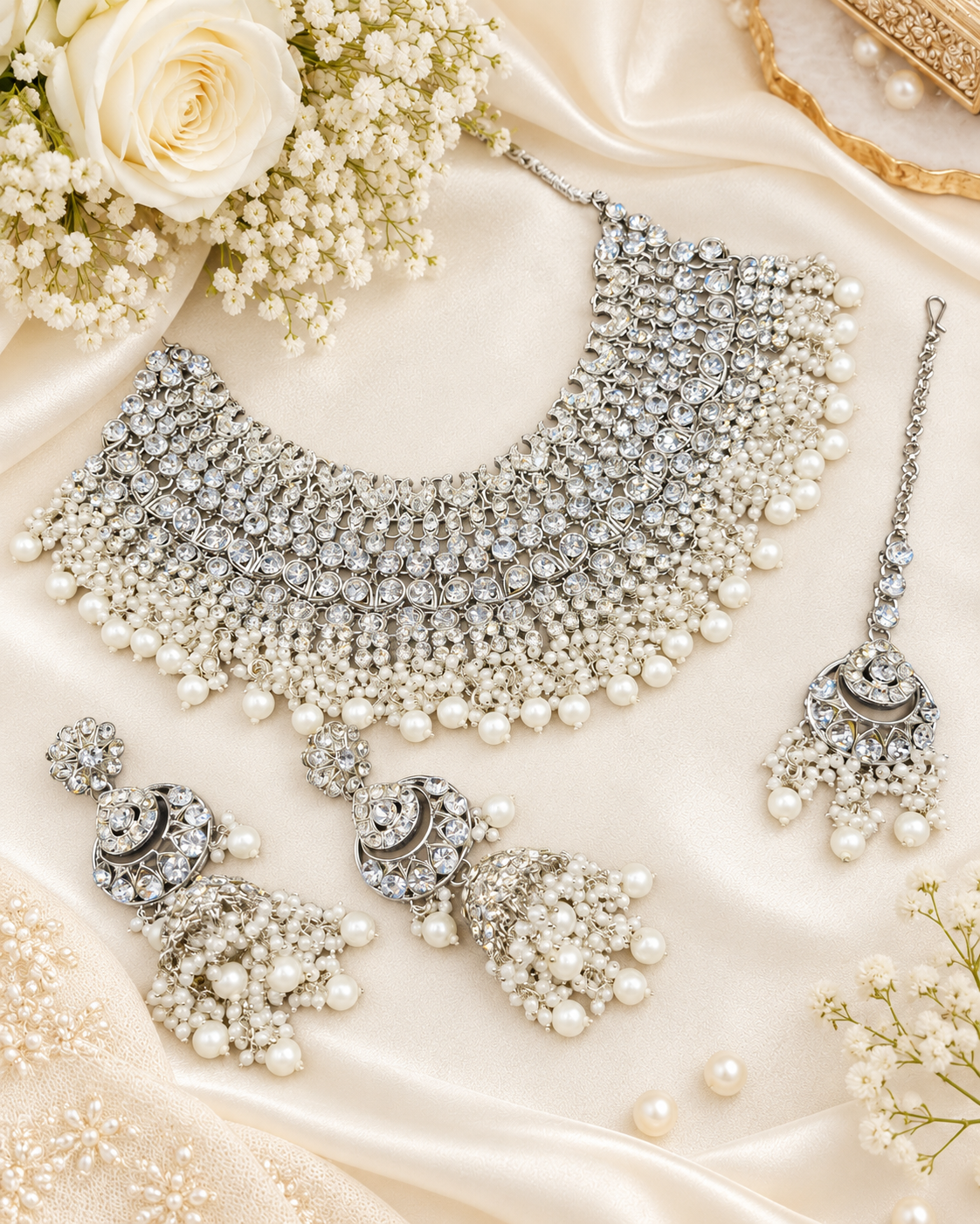 Bridal Silver-Tone Rhinestone & Pearl Choker Set with Earrings & Maang Tikka